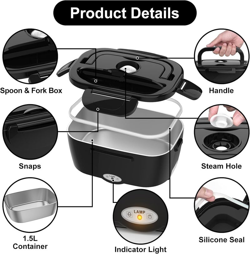 Vabaso Electric Lunch Box for Adults, 80W Heated LunchBox Portable Food Warmer Lunch Box for Work/Men/Car/Truck with 1.5L 304 Stainless Steel Container Fork & Spoon, 110V/12V/24V - Image 3
